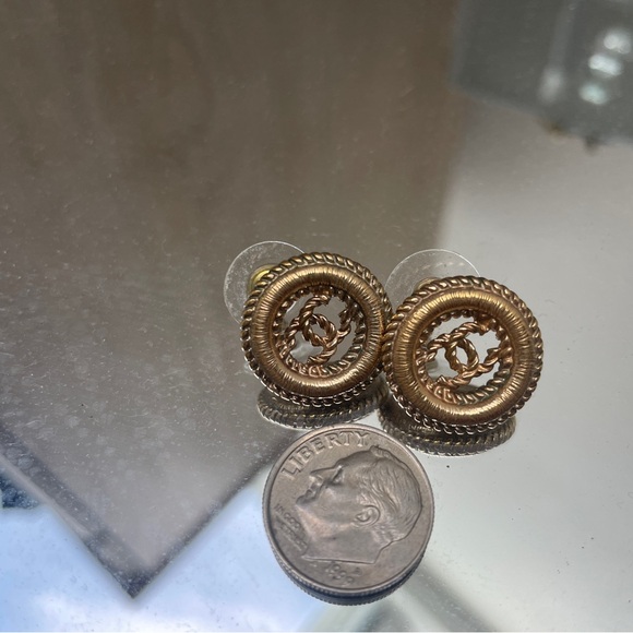CHANEL Gold Tone Round CC Textured Twisted Pierced Earrings - Picture 4 of 4